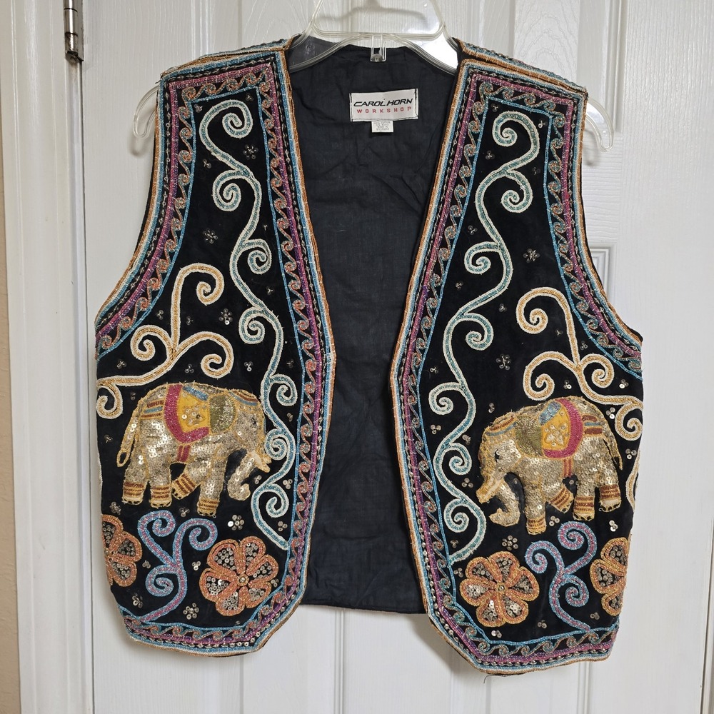 Vintage Carol Horn Workshop Artsy Boho Hippie Colorful Embroidered Vest Elephant